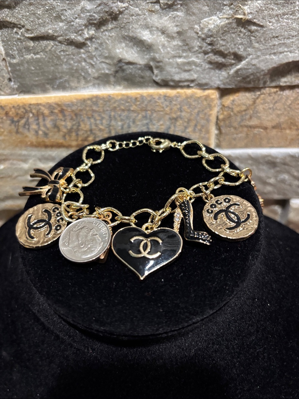 Gold Charm Bracelet with Black Enamel CC Heart and Decorative Charms - Picture 4 of 4